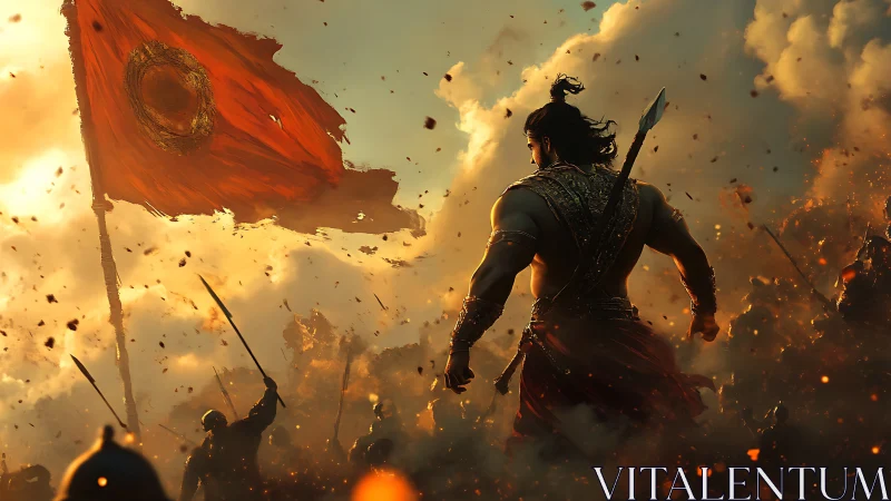 Digital painting of mythic warrior under burning war banner.