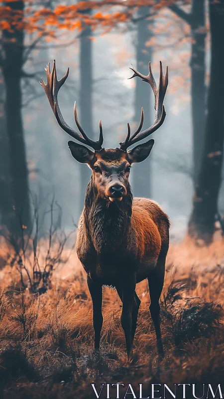 Stag stands in misty autumn forest with ember foliage glow.