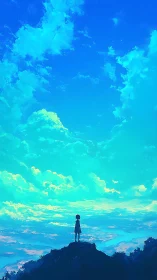 Solitary child on a twilight cliff under sweeping sky.