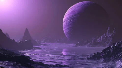 Dreamy violet alien world under a softly glowing planet.