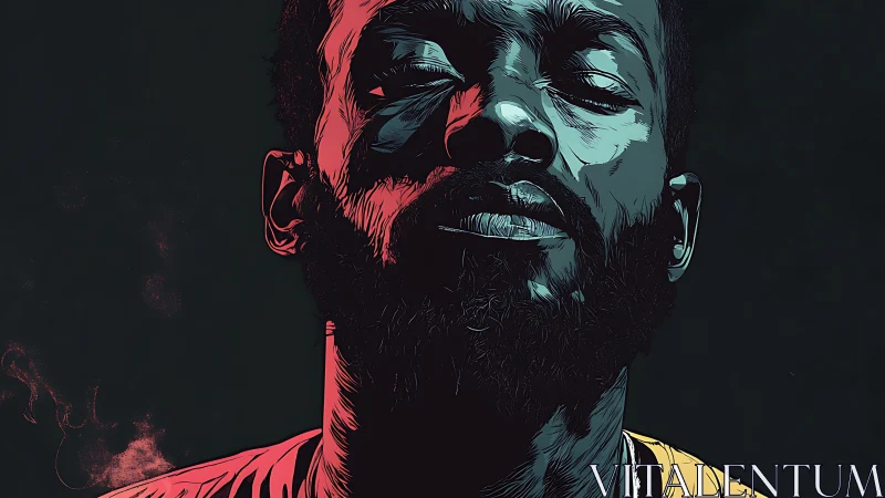 Radiant calm on a shadowed face of neon-lit introspection.