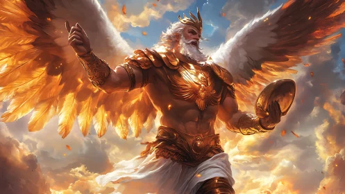 Winged sunlord ascends in blazing celestial armor above clouds.