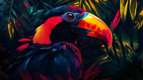 Neon jungle toucan portrait under vivid tropical light.