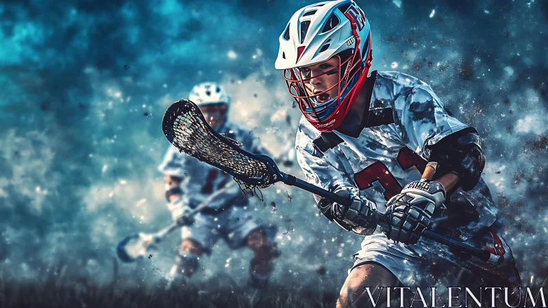 Youth lacrosse players in motion with dynamic field backdrop.