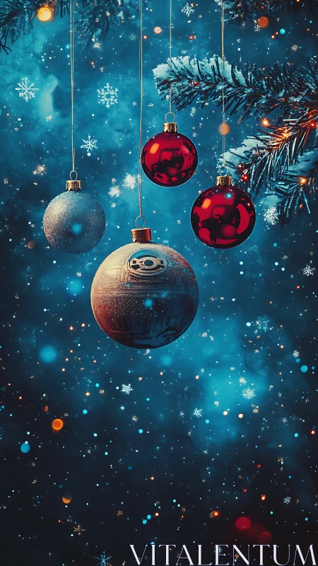 Christmas tree baubles hang amid snowflakes on blue background