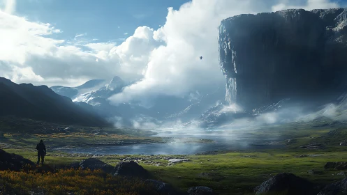 Vast sci‑fi valley landscape frames lone explorer and cliff