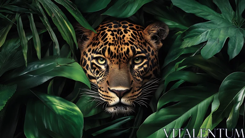 Leopard head framed by dense green tropical foliage in shade.