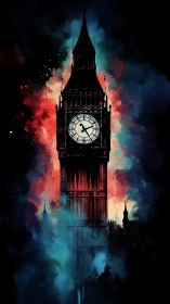 Big Ben clock tower in dramatic red and blue watercolor haze.