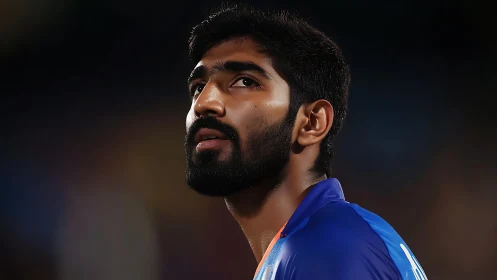 Calm cricketer gazes upward under glowing stadium light.