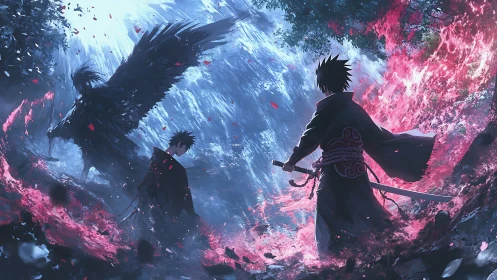 Duel of dark swordsmen within infernal crimson vortex.