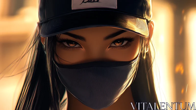 Masked woman in cap rendered with cinematic digital realism