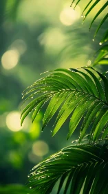Sunlit palm fronds sparkle with fresh morning raindrops.