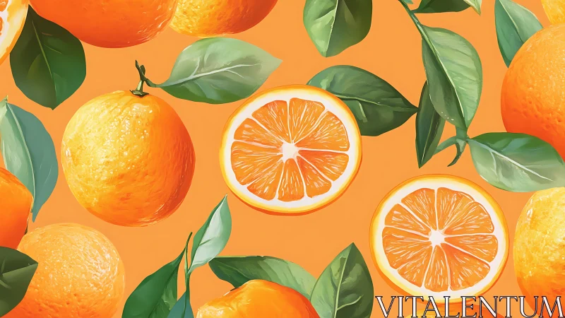 Citrus pattern illustrates textured oranges and segmented slices on orange background