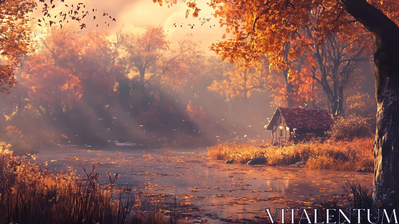 Golden dusk drapes a riverside cabin in hushed autumn light