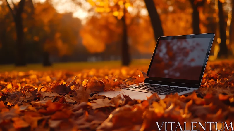 Laptop computer on autumn leaf carpet in shallow depth of field.