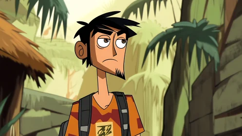 Animated male character stands in stylized jungle setting