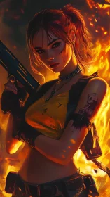 Gun-wielding female fighter framed by intense orange flames.
