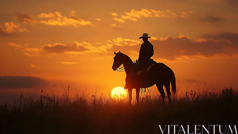 Quiet cowboy on horseback enjoys a glowing sunset sky
