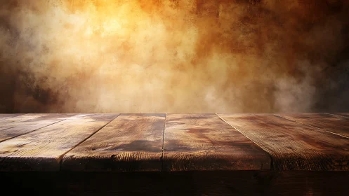 Rustic wooden tabletop under warm, diffused atmospheric backlight