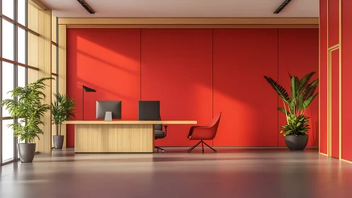 Modern executive office uses red accent wall and planar daylighting