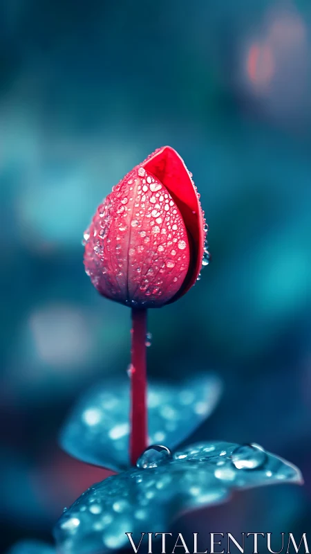 Raindrop-armored crimson bud quietly rehearses its sunrise