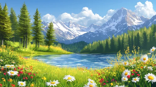 Sunlit lakeside meadow cradled by bright alpine peaks.