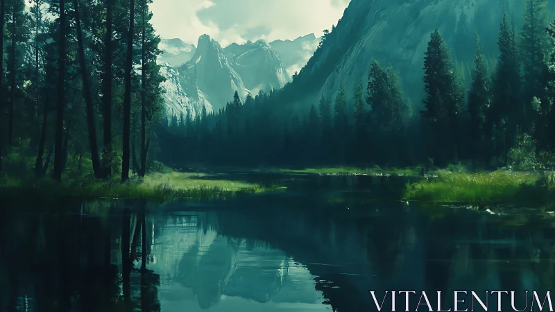 Mountain Valley Wilderness Reflected in Pristine Alpine Waters.