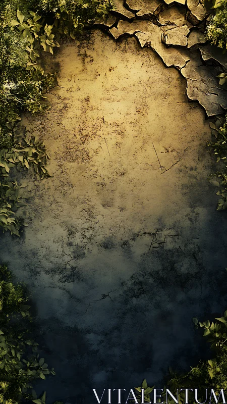 Weathered cracked wall with peripheral foliage and graded lighting