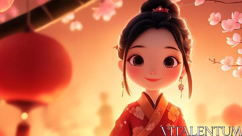 Lantern-lit sunset smile with blossoms and gentle warmth.