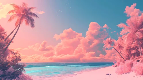 Surreal Tropical Paradise Bathed in Pink Sunset Glow