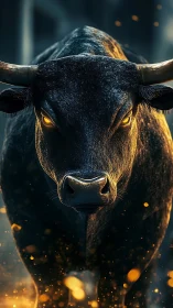 Glow Eyed Midnight Bull Charging Through Sparks.