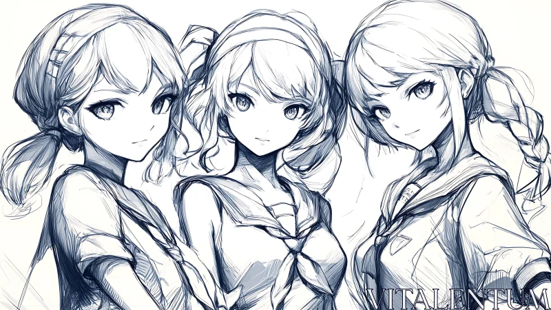 Three manga schoolgirls in sketchy blue line art portrait.