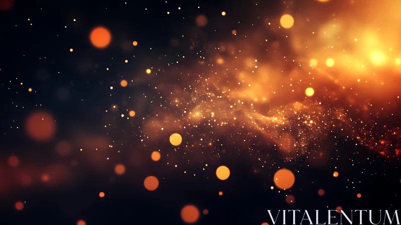 Orange bokeh particles on dark gradient background field.
