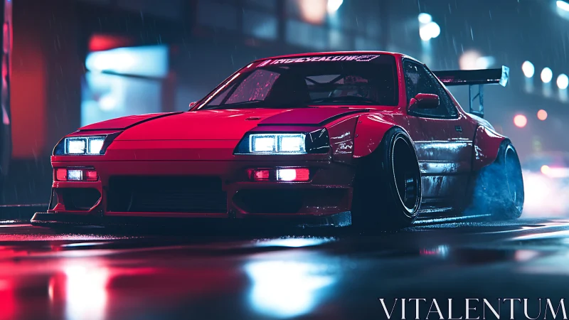 Modified red sports car on wet neon lit night street.
