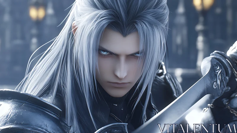 Silver-haired tactical swordsman in high-fidelity armor closeup.