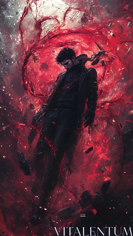 Dark figure suspended in swirling red chaotic energy storm.