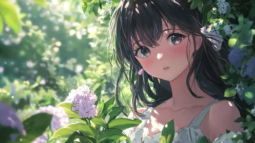 Softly lit anime girl amid lilac blossoms in summer garden.