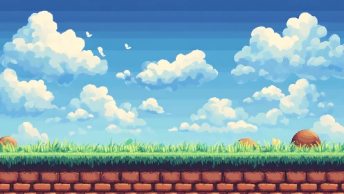Sunny pixel grassland level invites playful side scrolling