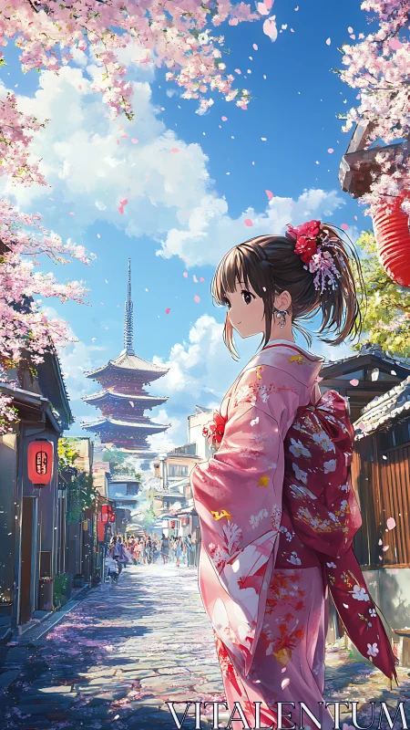 Kimono-clad girl beneath spring blossoms in old street.
