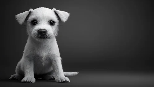 White 3D puppy sitting on dark gradient studio background.