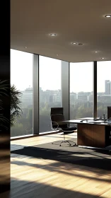 Morning sunlight warms a calm executive office with views