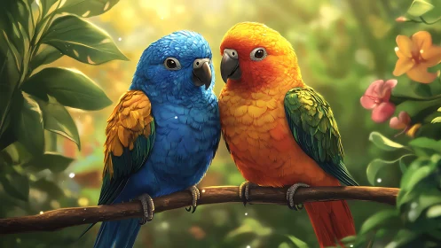 Two Colorful Parrots on Branch in Sunlit Garden, Digital Art Style.