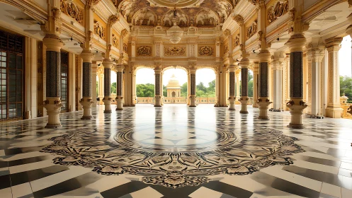 Grand marble hall with gilded colonnades and mandala floor.