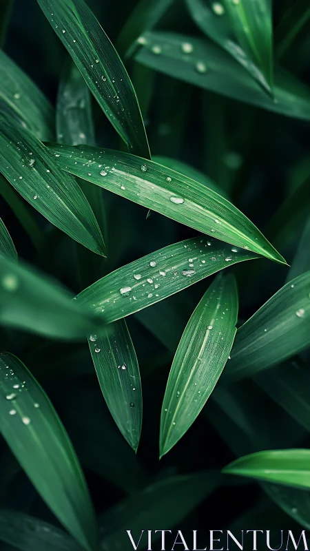 Raindrops rest on lush green leaves in tranquil closeup