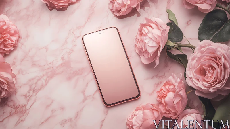 Soft pink smartphone resting among lush blooming roses.