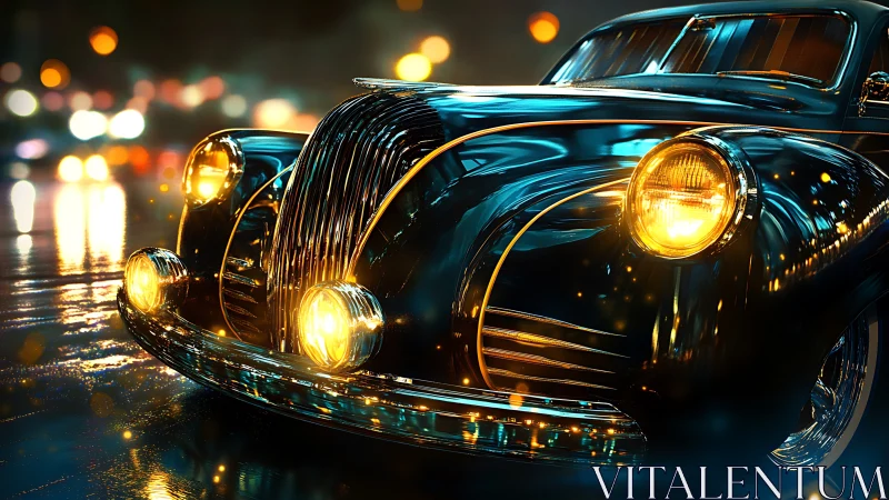 Gleaming vintage car glowing on a rainy neon city street.