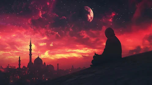 Hooded figure meditating above red sky mosque skyline.