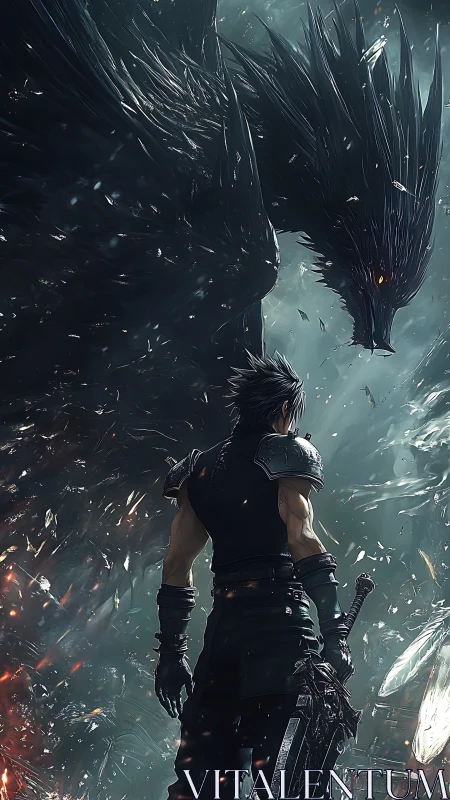 Lone warrior confronts colossal shadow dragon in storm of embers
