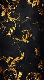 Gold baroque floral curls on dark textured background.