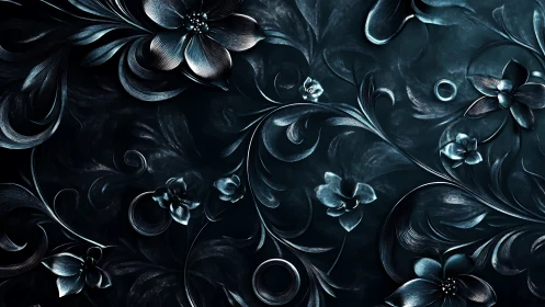 Metallic teal floral scrollwork over deep shadowed field.